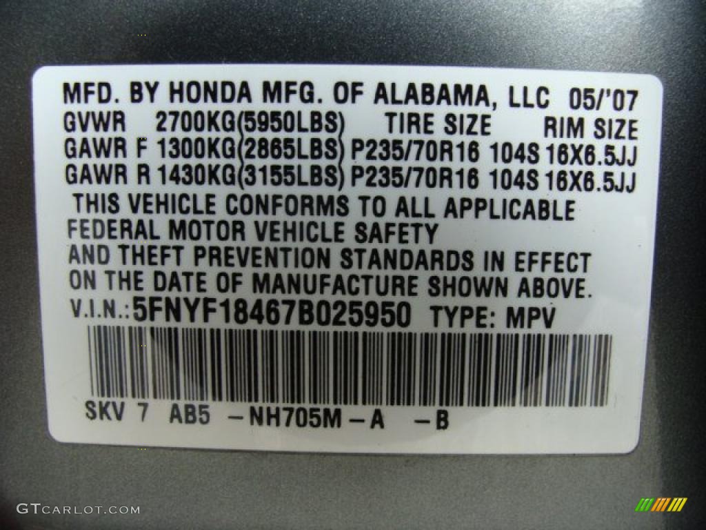 2007 Pilot EX 4WD - Nimbus Gray Metallic / Gray photo #15