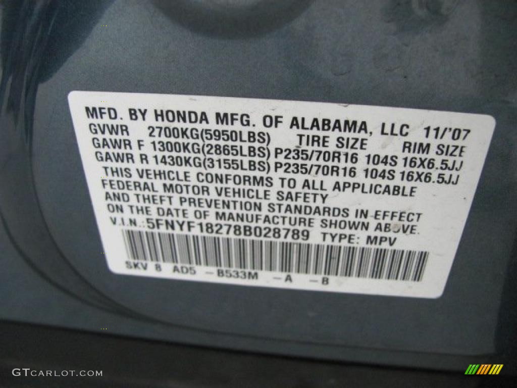 2008 Pilot Value Package 4WD - Steel Blue Metallic / Gray photo #19