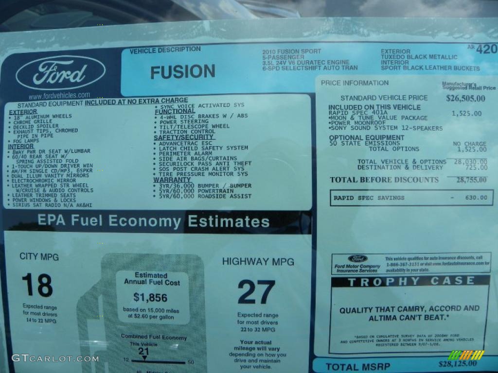 2010 Fusion Sport - Tuxedo Black Metallic / Charcoal Black/Sport Black photo #8