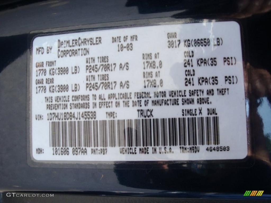 2004 Ram 1500 Color Code PB7 for Patriot Blue Pearl Photo #33587756