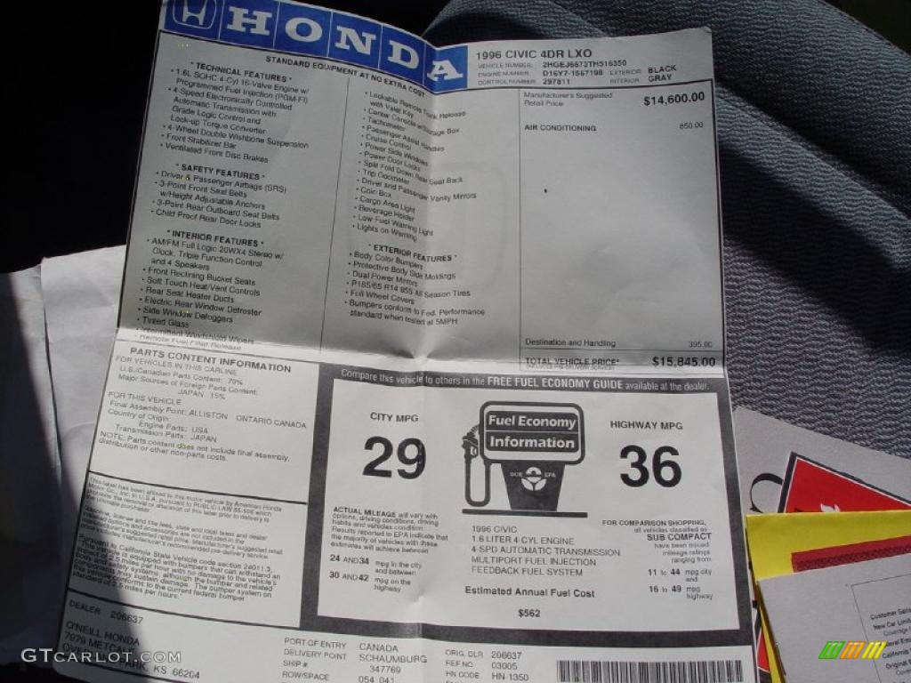 1996 Civic LX Sedan - Granada Black Pearl Metallic / Gray photo #14