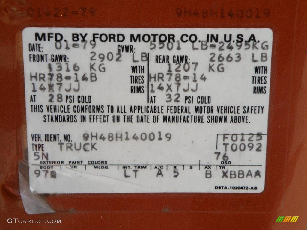 1979 Ford Ranchero GT Color Code Photos