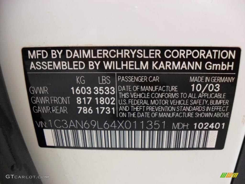 2004 Chrysler Crossfire Limited Coupe Info Tag Photo #34871829