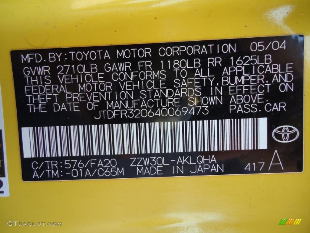 2004 Toyota MR2 Spyder Roadster Info Tag Photos