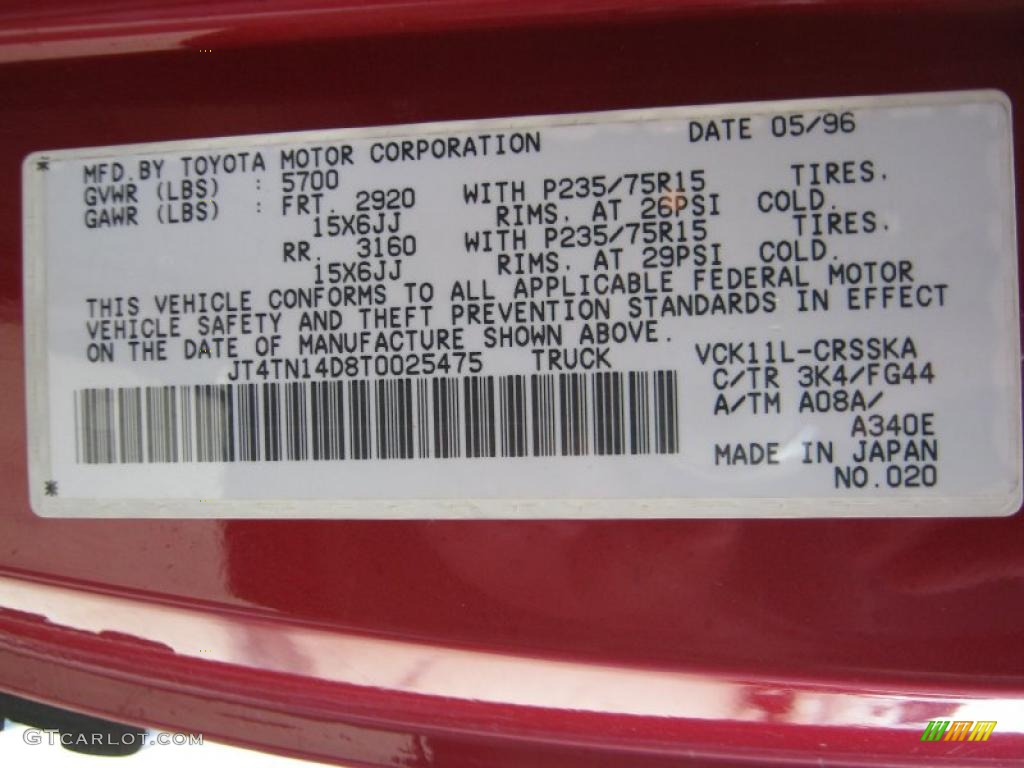 1996 T100 Truck Color Code 3K4 for Sunfire Red Pearl Metallic Photo #34954093