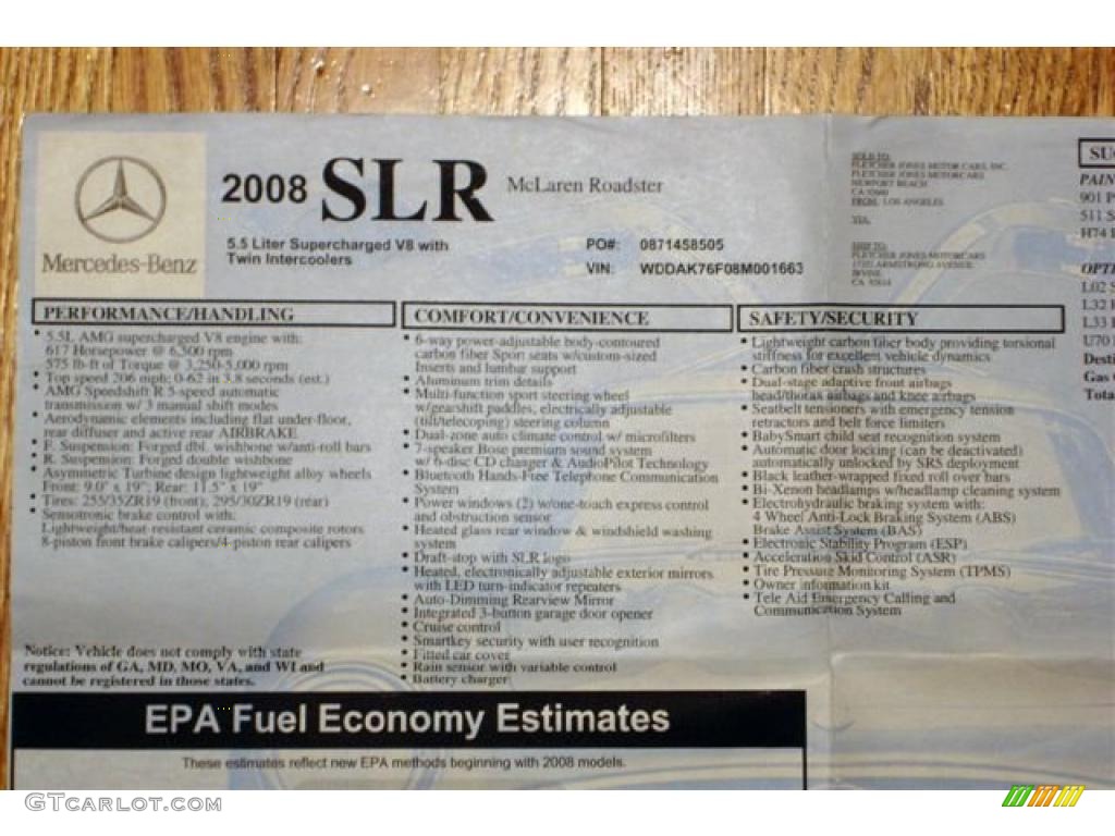 2008 Mercedes-Benz SLR McLaren Roadster Window Sticker Photos