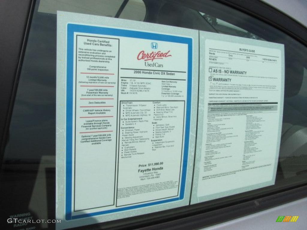 2006 Civic DX Sedan - Alabaster Silver Metallic / Gray photo #15
