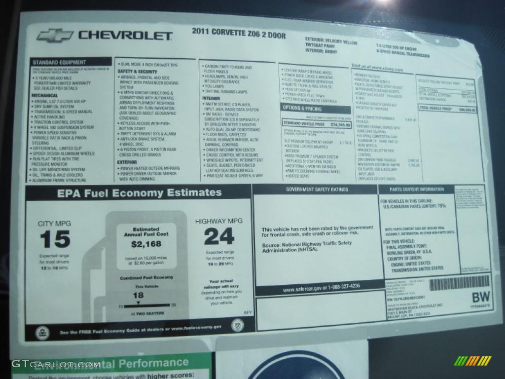 2011 Chevrolet Corvette Z06 Window Sticker Photo #35112859