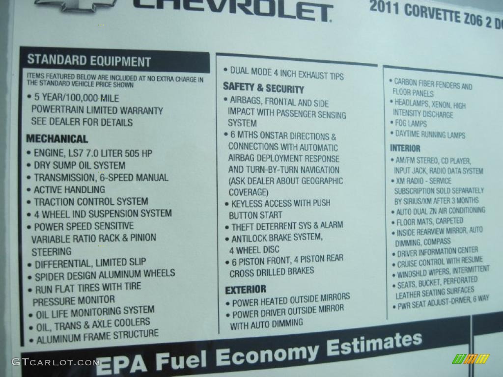2011 Chevrolet Corvette Z06 Window Sticker Photo #35112877