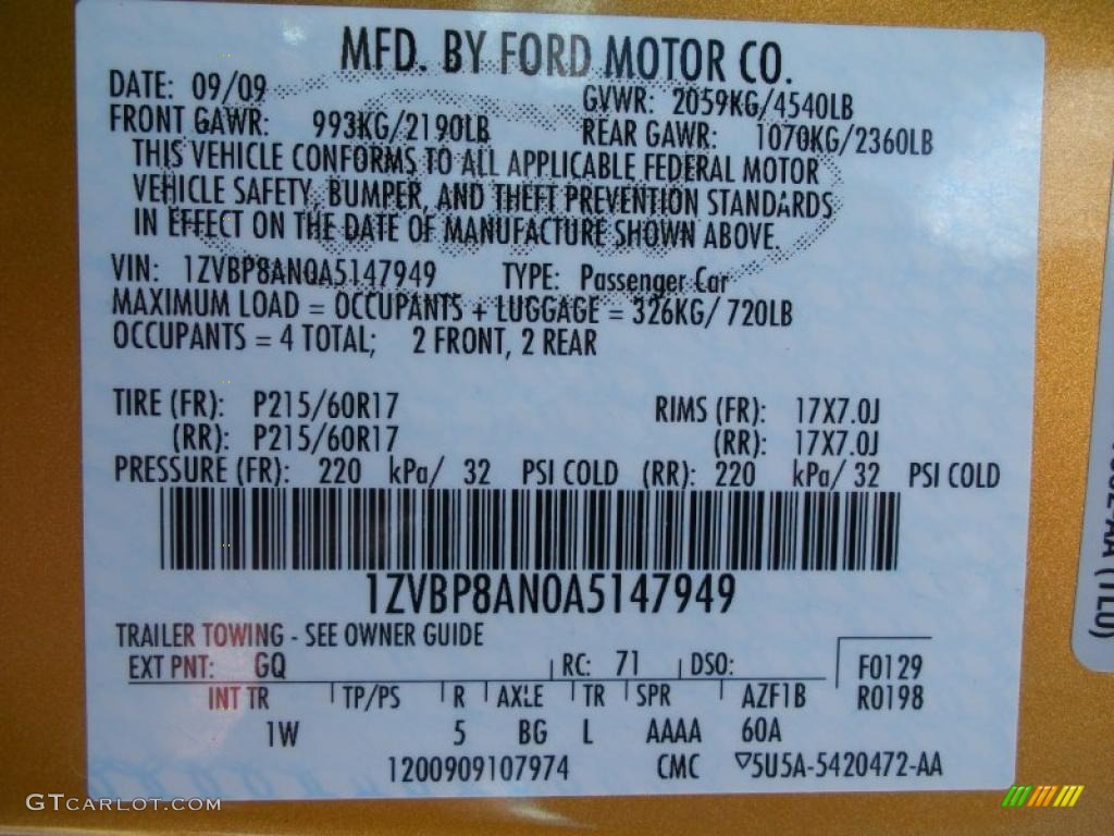 2010 Mustang Color Code GQ for Sunset Gold Metallic Photo #35114745