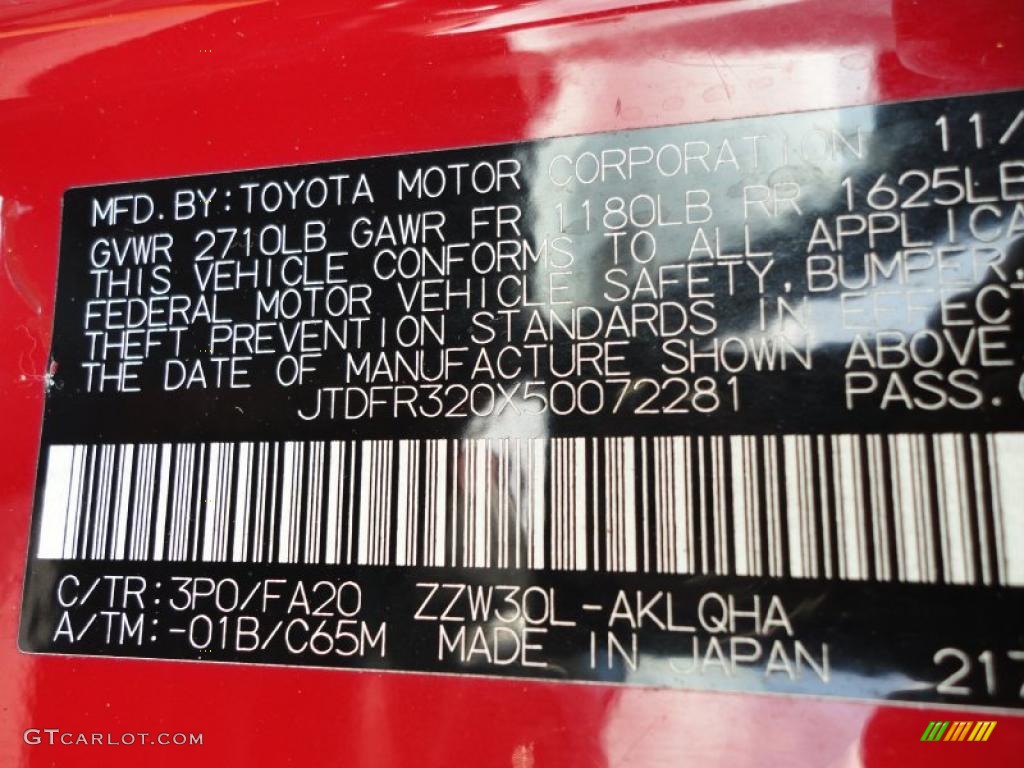 2005 Toyota MR2 Spyder Roadster Info Tag Photos