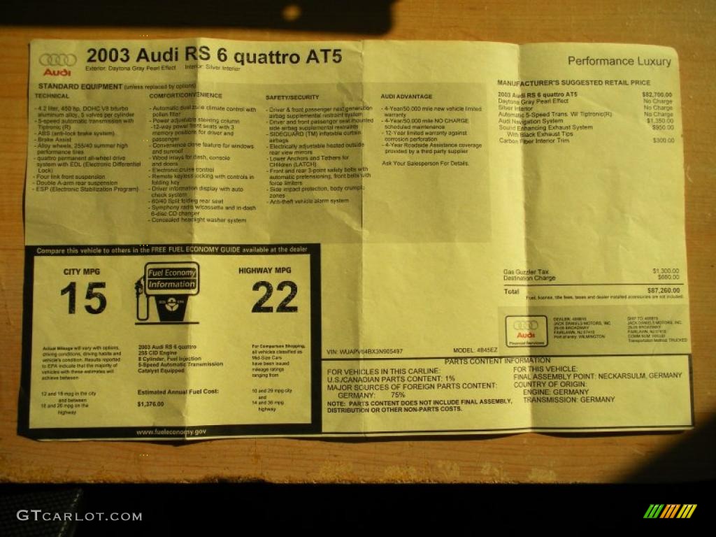 2003 RS6 4.2T quattro - Daytona Grey Pearl Effect / Silver photo #26