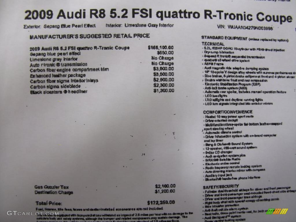 2009 Audi R8 5.2 FSI quattro Window Sticker Photo #37003593