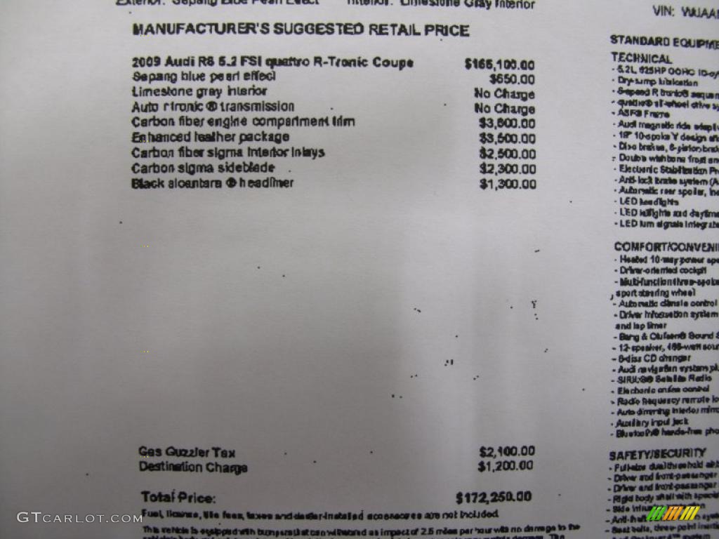 2009 Audi R8 5.2 FSI quattro Window Sticker Photo #37003601