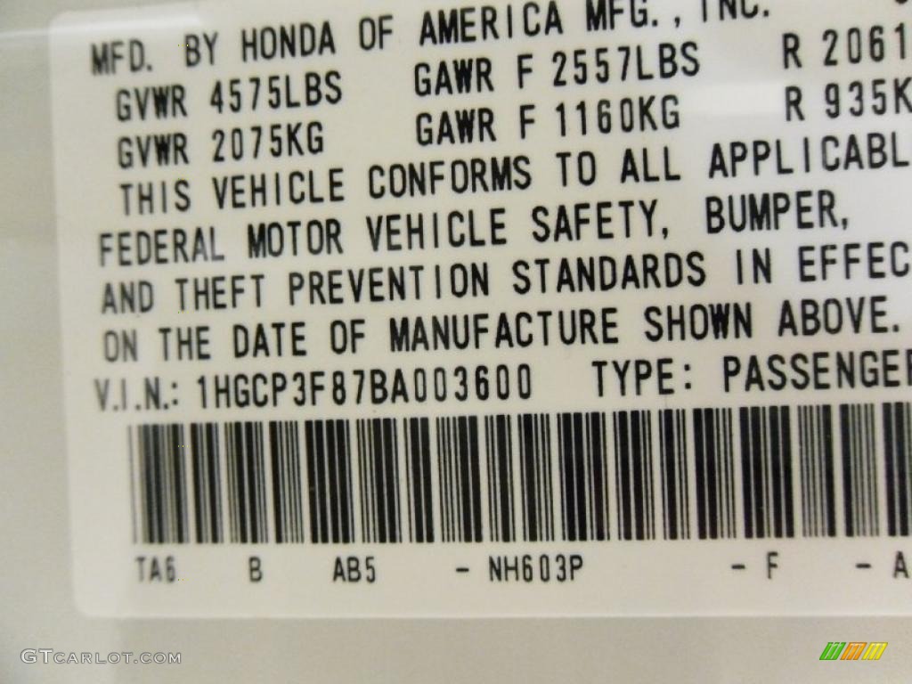 2011 Accord Color Code NH603P for White Diamond Pearl Photo #37331507