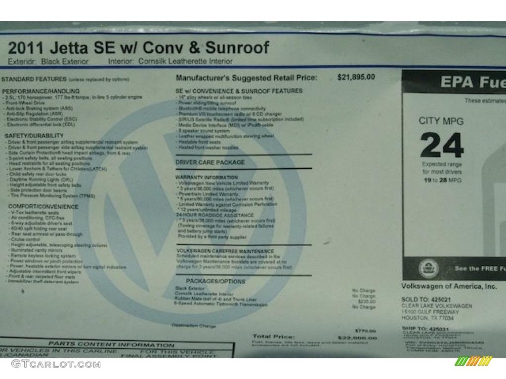 2011 Volkswagen Jetta SE Sedan Window Sticker Photo #37419772