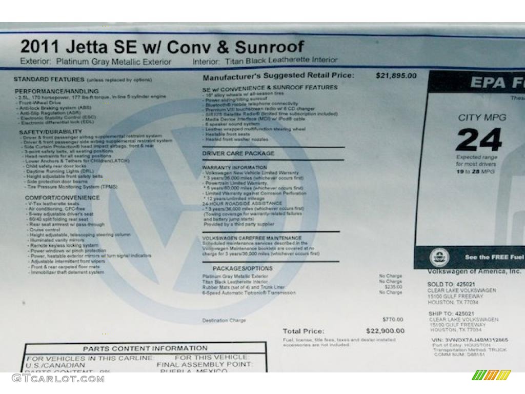 2011 Volkswagen Jetta SE Sedan Window Sticker Photo #37420761