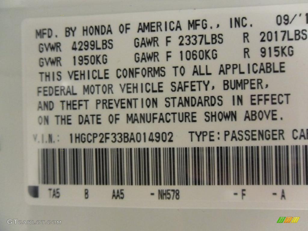 2011 Accord Color Code NH578 for Taffeta White Photo #37451993