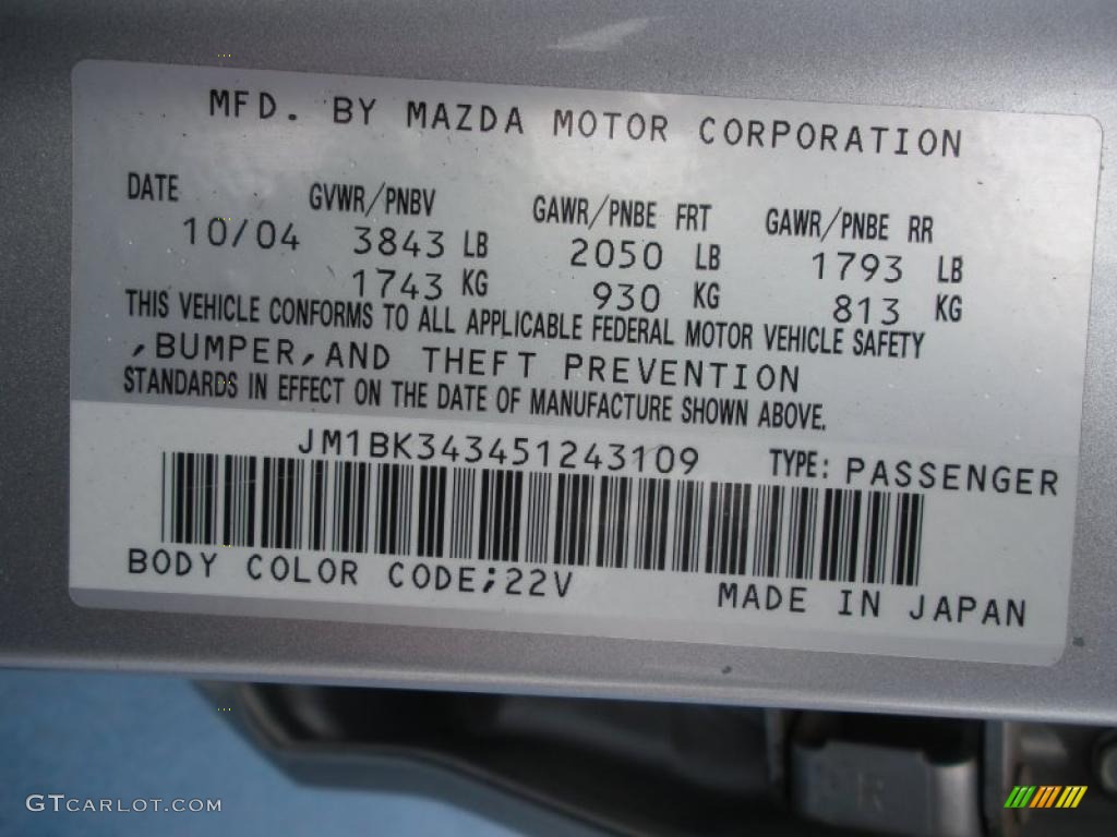 2005 MAZDA3 Color Code 22V for Sunlight Silver Metallic Photo #37452589