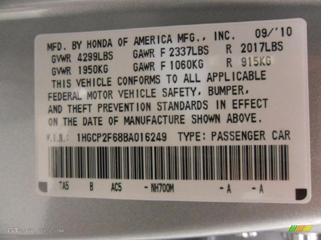 2011 Accord Color Code NH700M for Alabaster Silver Metallic Photo #37453337