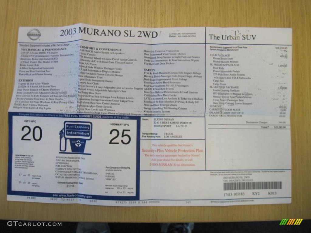 2003 Nissan Murano SL Window Sticker Photo #37457589