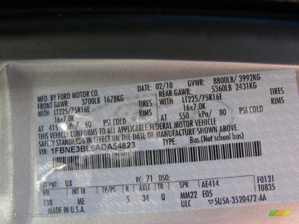 2010 E Series Van Color Code UX for Ingot Silver Metallic Photo #37508206