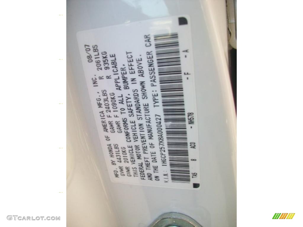 2008 Accord Color Code NH578 for Taffeta White Photo #37516462