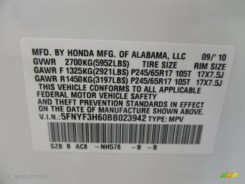 2011 Pilot Color Code NH578 for Taffeta White Photo #37533876
