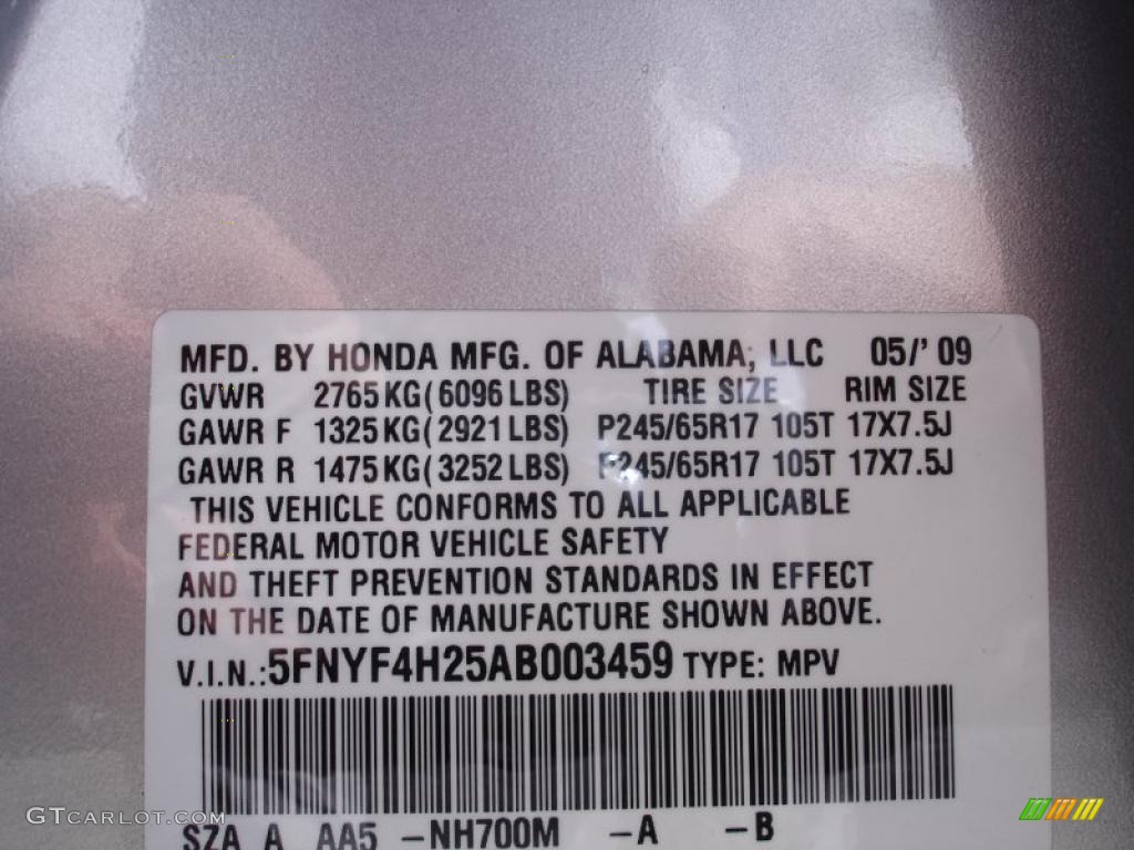 2010 Pilot Color Code NH700M for Alabaster Silver Metallic Photo #37544724