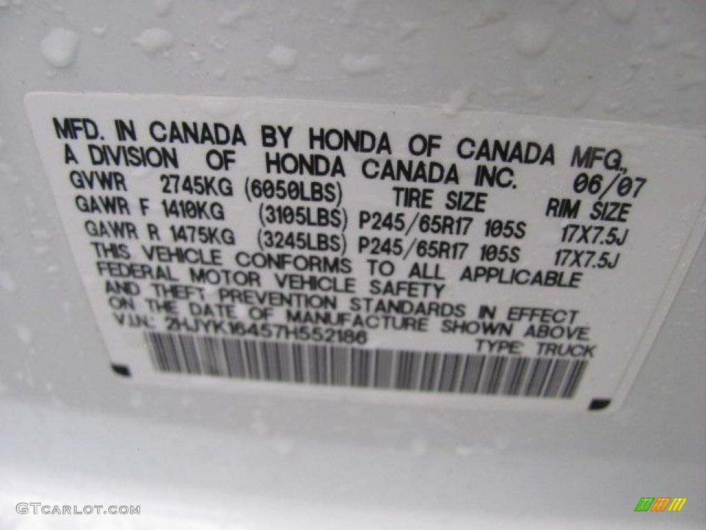 2007 Honda Ridgeline RTS Info Tag Photos