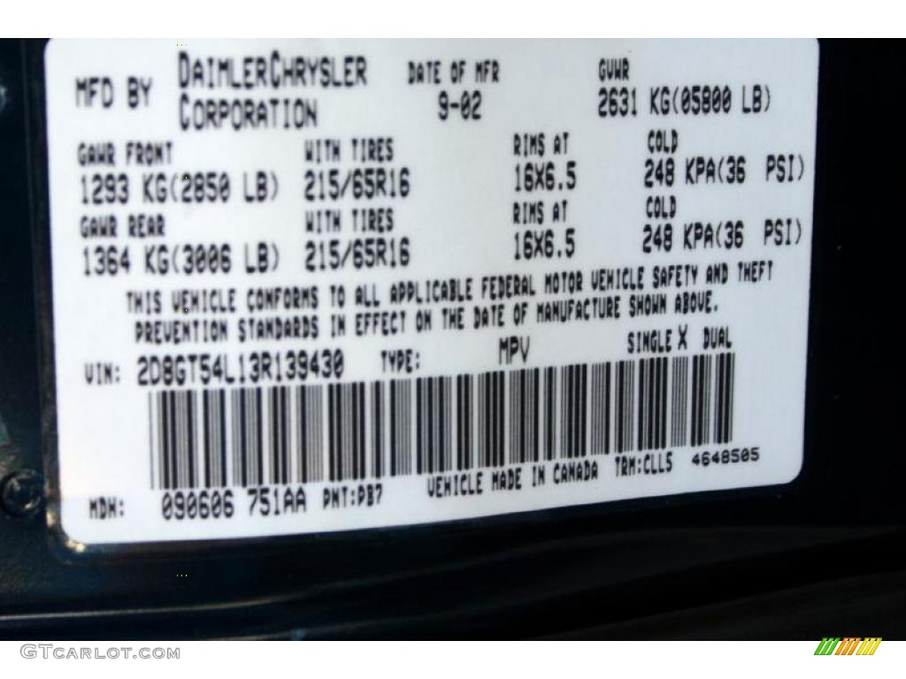 2003 Grand Caravan Color Code PB7 for Midnight Blue Pearl Photo #37570378