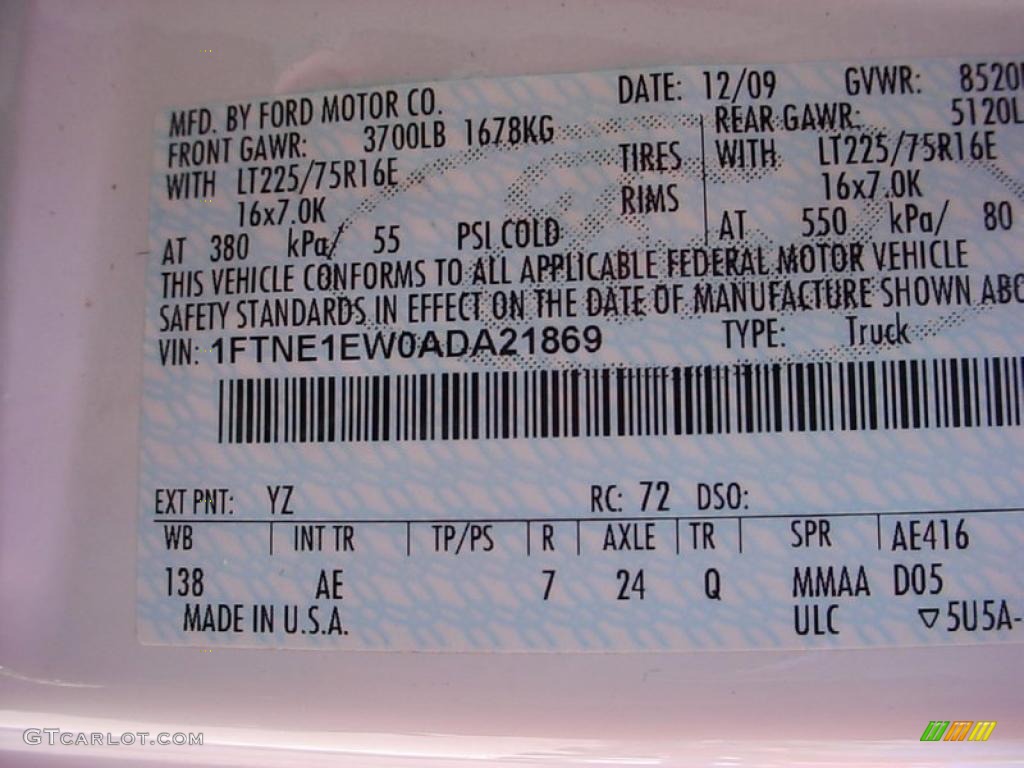 2010 Ford E Series Van E150 Cargo Color Code Photos