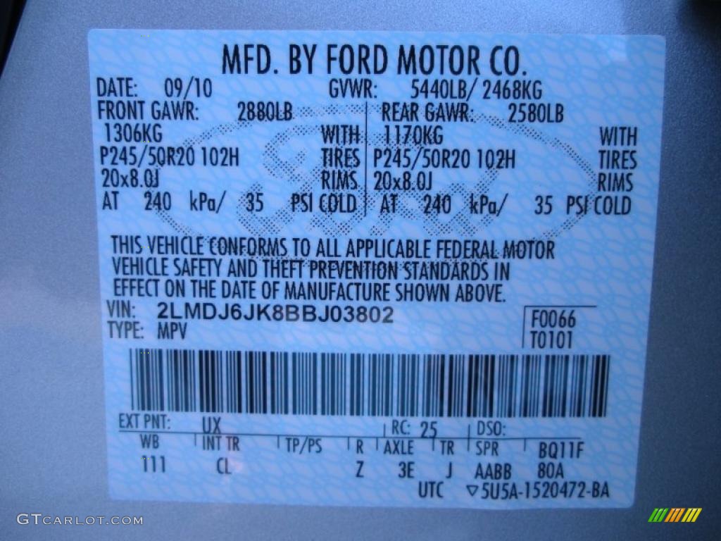 2011 MKX Color Code UX for Ingot Silver Metallic Photo #37592875