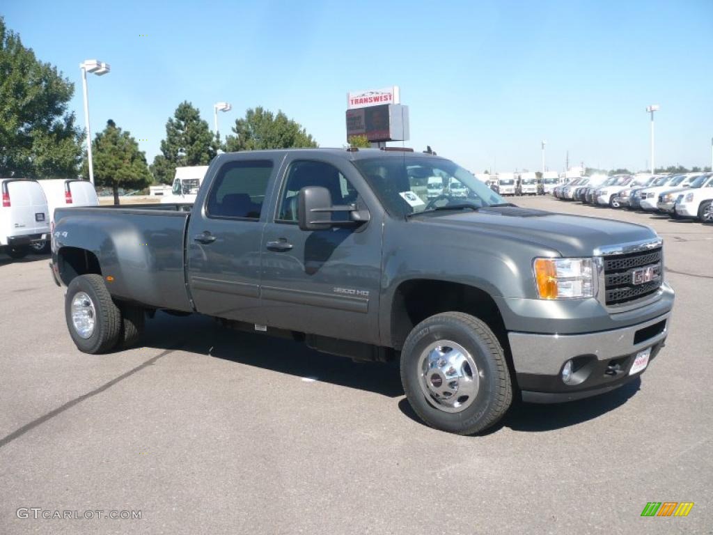 2011 Sierra 3500HD SLT Crew Cab 4x4 Dually - Gray Green Metallic / Ebony photo #1