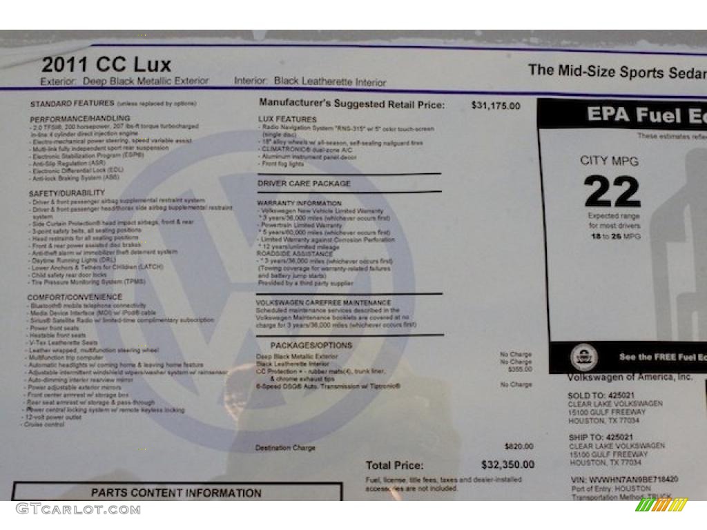 2011 Volkswagen CC Lux Window Sticker Photo #37635236