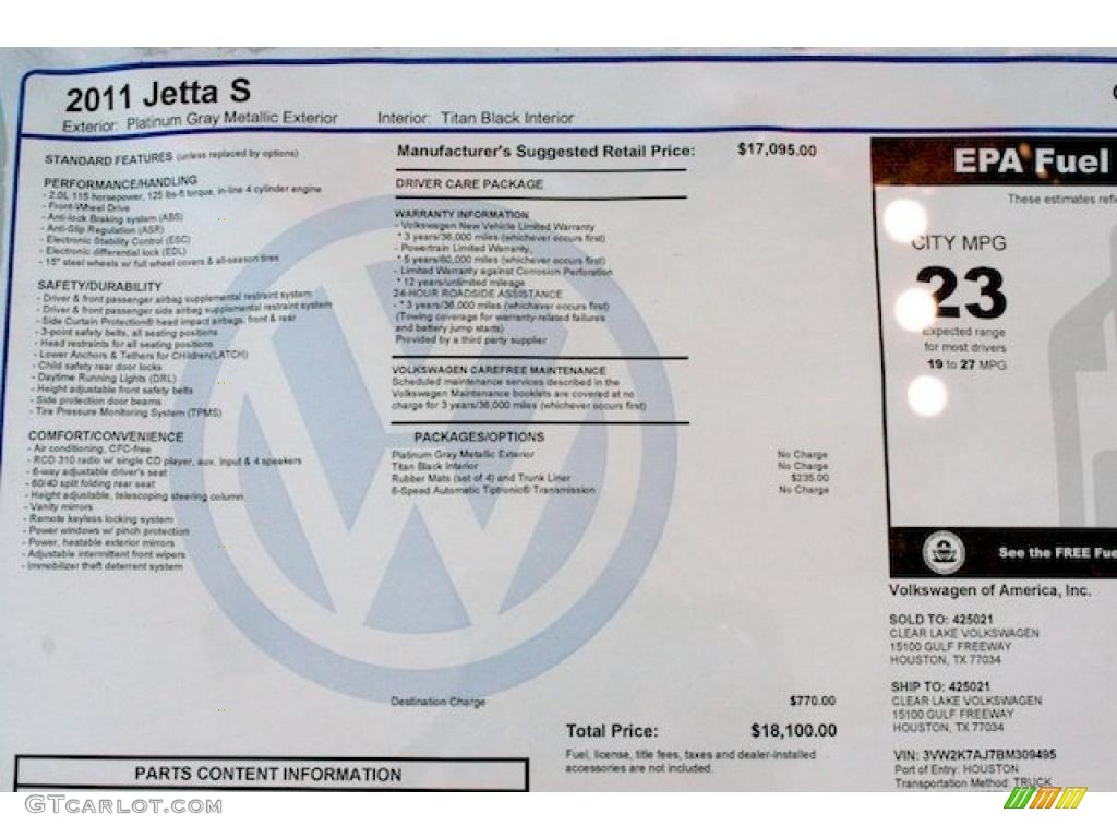 2011 Volkswagen Jetta S Sedan Window Sticker Photo #37635496