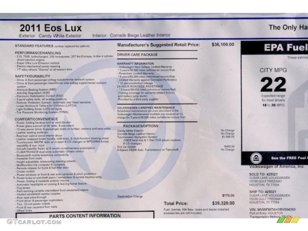 2011 Volkswagen Eos Lux Window Sticker Photos
