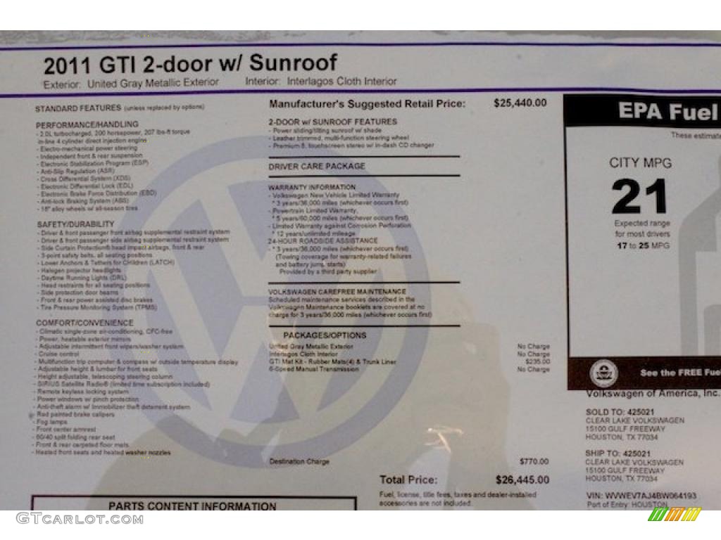 2011 Volkswagen GTI 2 Door Window Sticker Photo #37635860