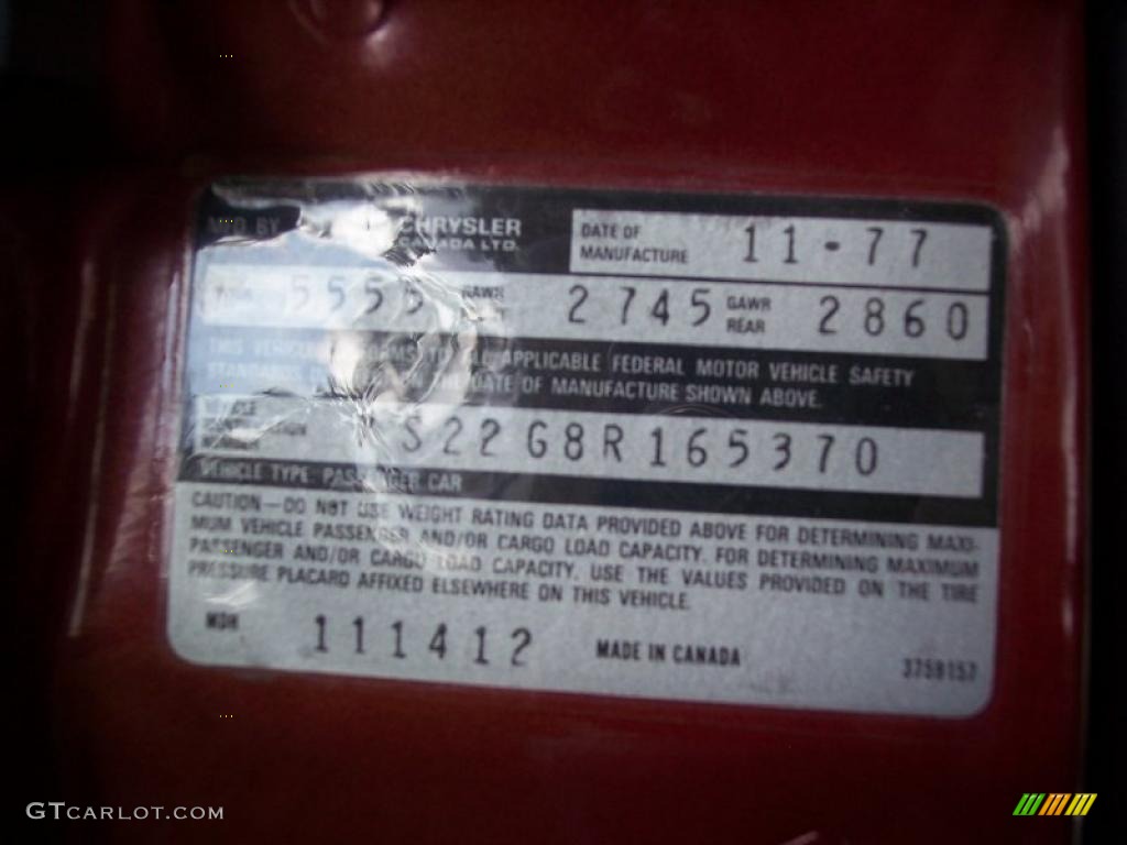 1978 Dodge Magnum Coupe Info Tag Photo #37666854