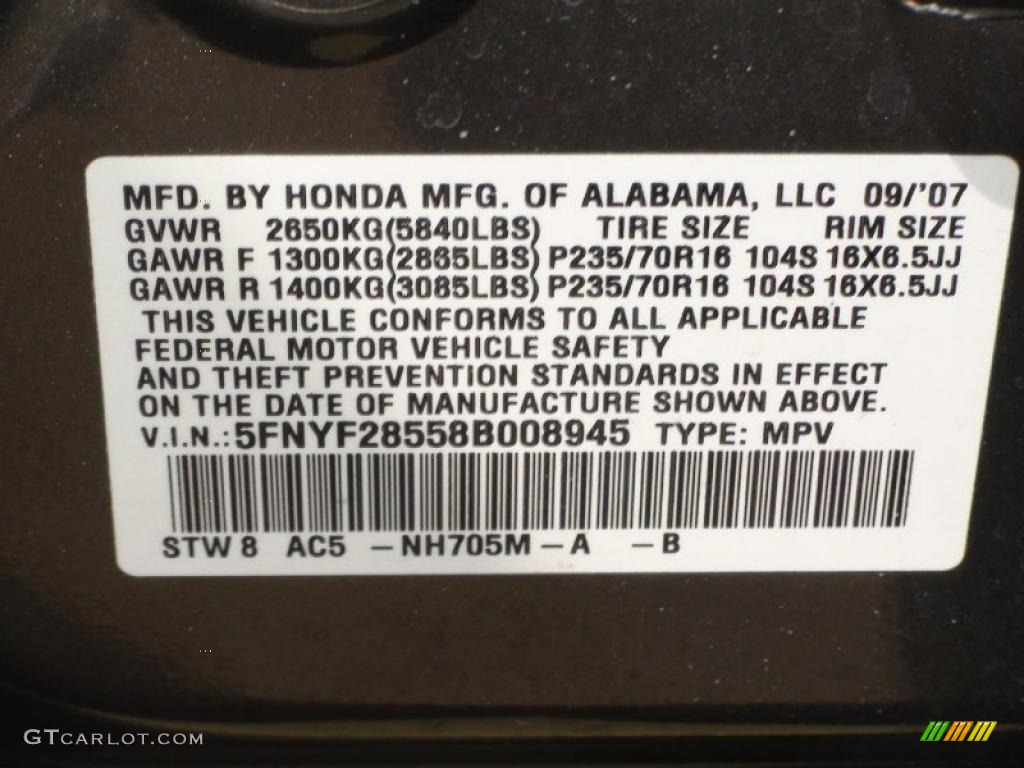 2008 Pilot Color Code NH705M for Nimbus Gray Metallic Photo #37669846
