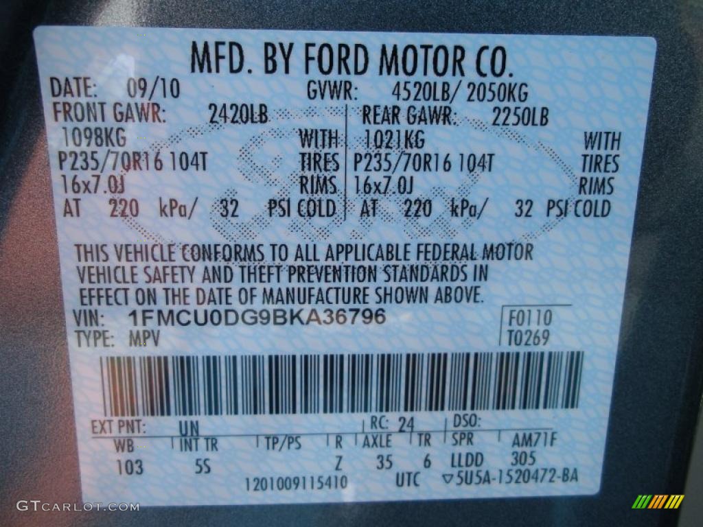 2011 Ford Escape XLT V6 Color Code Photos