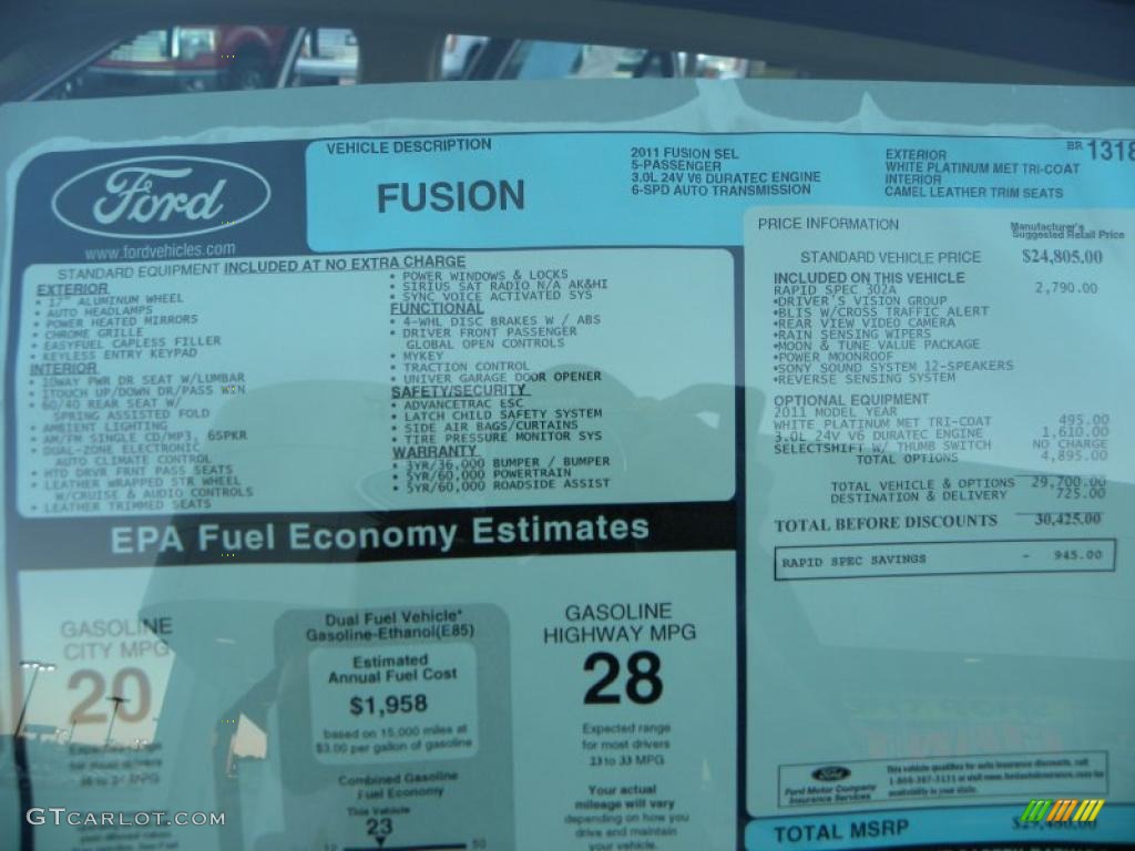2011 Ford Fusion SEL V6 Window Sticker Photo #37720201