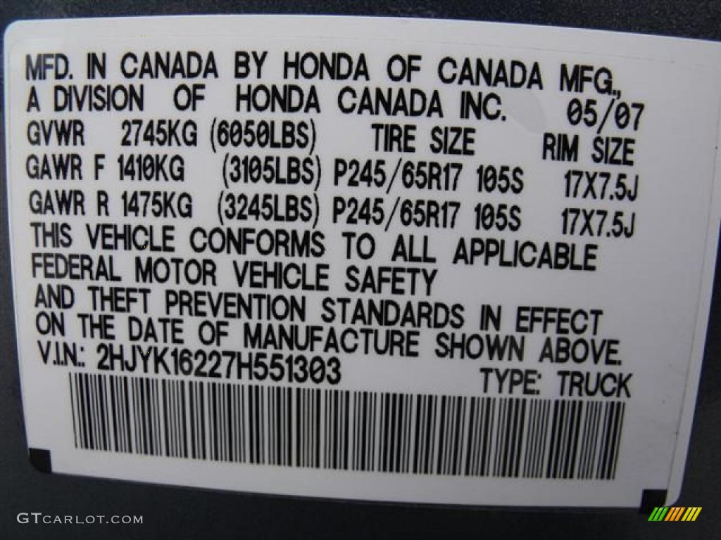 2007 Honda Ridgeline RT Info Tag Photo #37724083