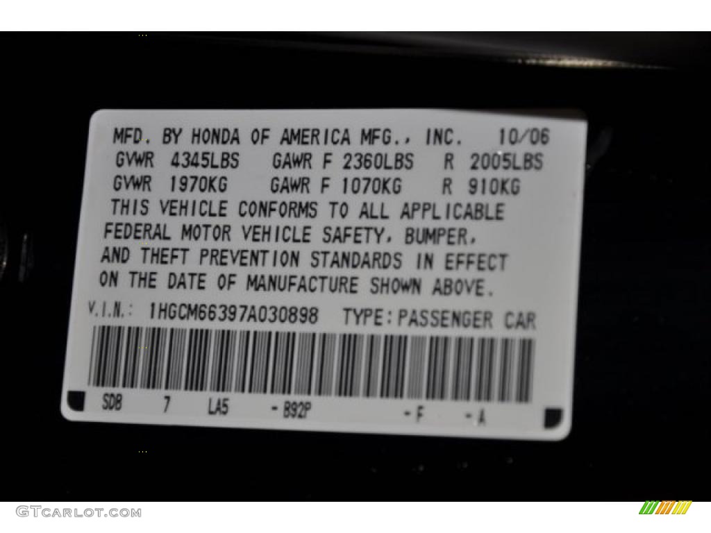 2007 Accord Color Code B92P for Nighthawk Black Pearl Photo #37747394