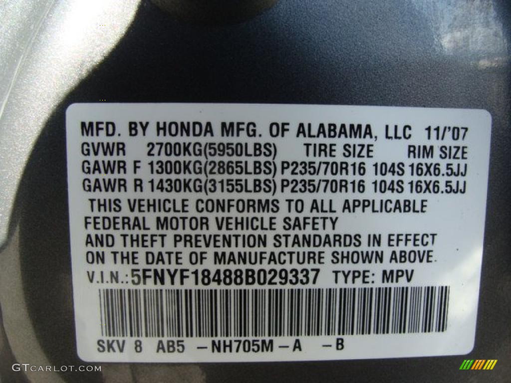 2008 Pilot Color Code NH705M for Nimbus Gray Metallic Photo #37754334