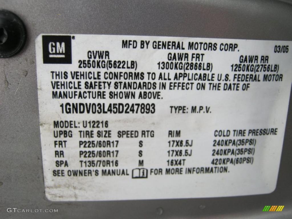 2005 Chevrolet Uplander Standard Uplander Model Info Tag Photo #37759786