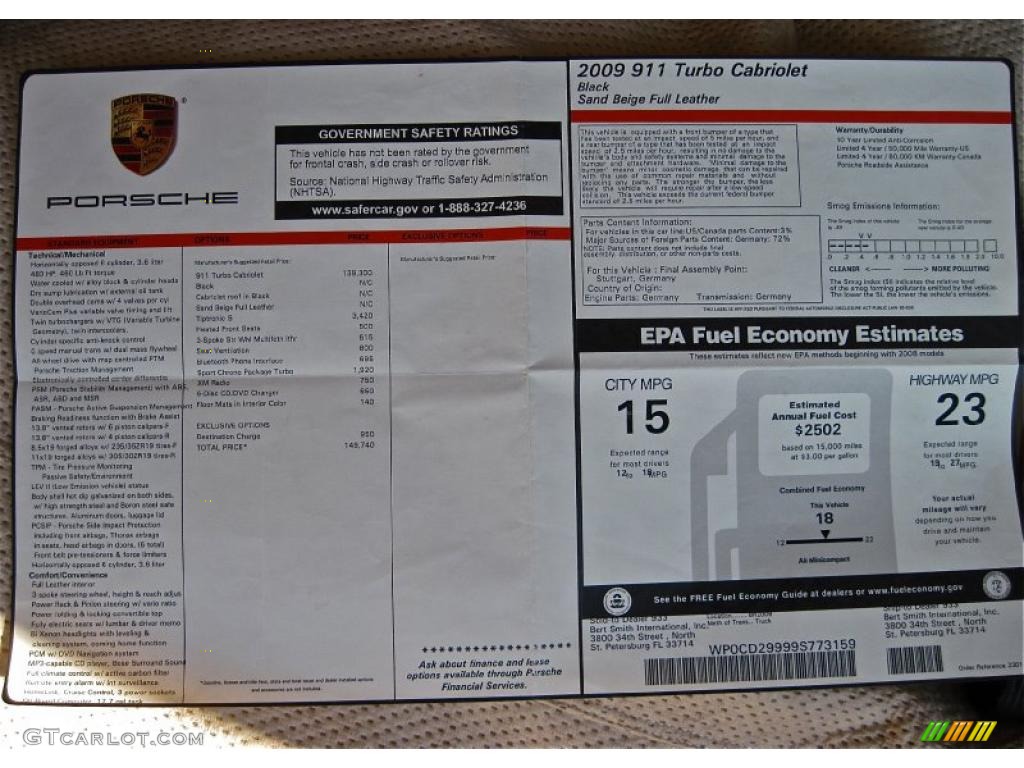 2009 Porsche 911 Turbo Cabriolet Window Sticker Photo #37772814