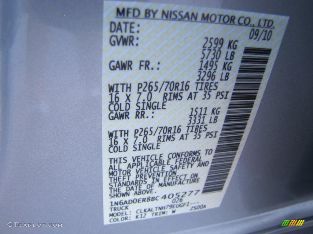 2011 Frontier Color Code K12 for Radiant Silver Metallic Photo #37799384