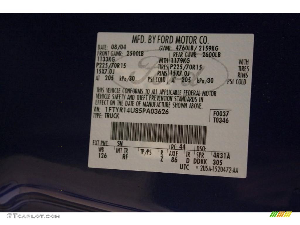 2005 Ranger Color Code SN for Sonic Blue Metallic Photo #37800780