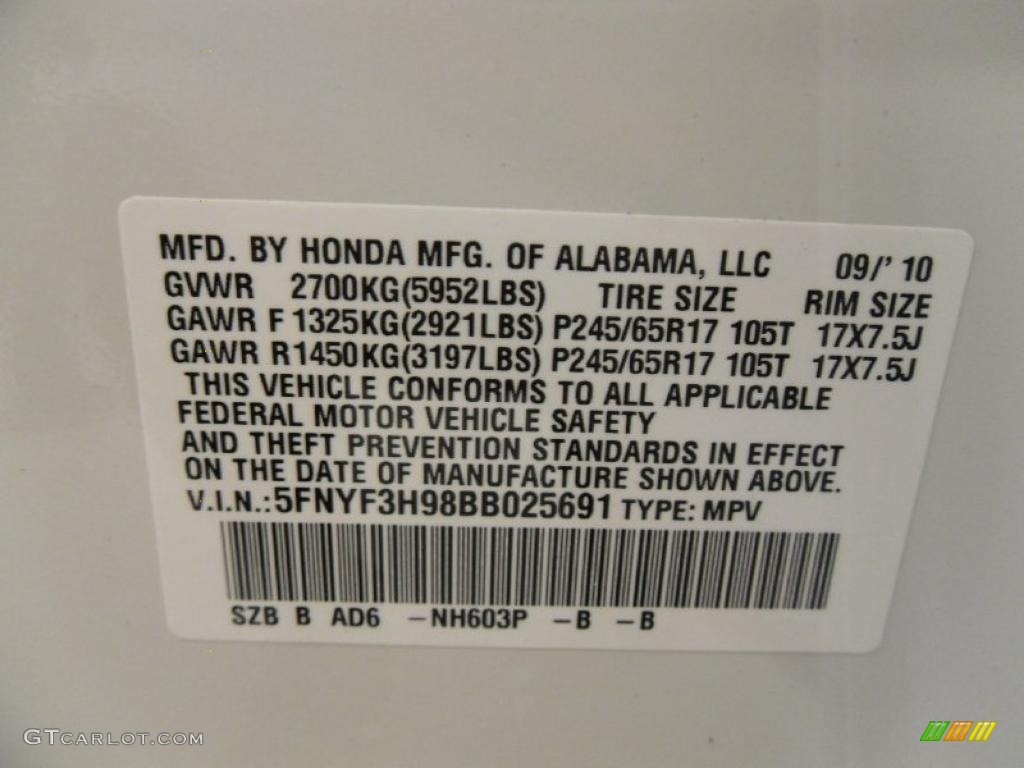 2011 Pilot Color Code NH603P for White Diamond Pearl Photo #37804704